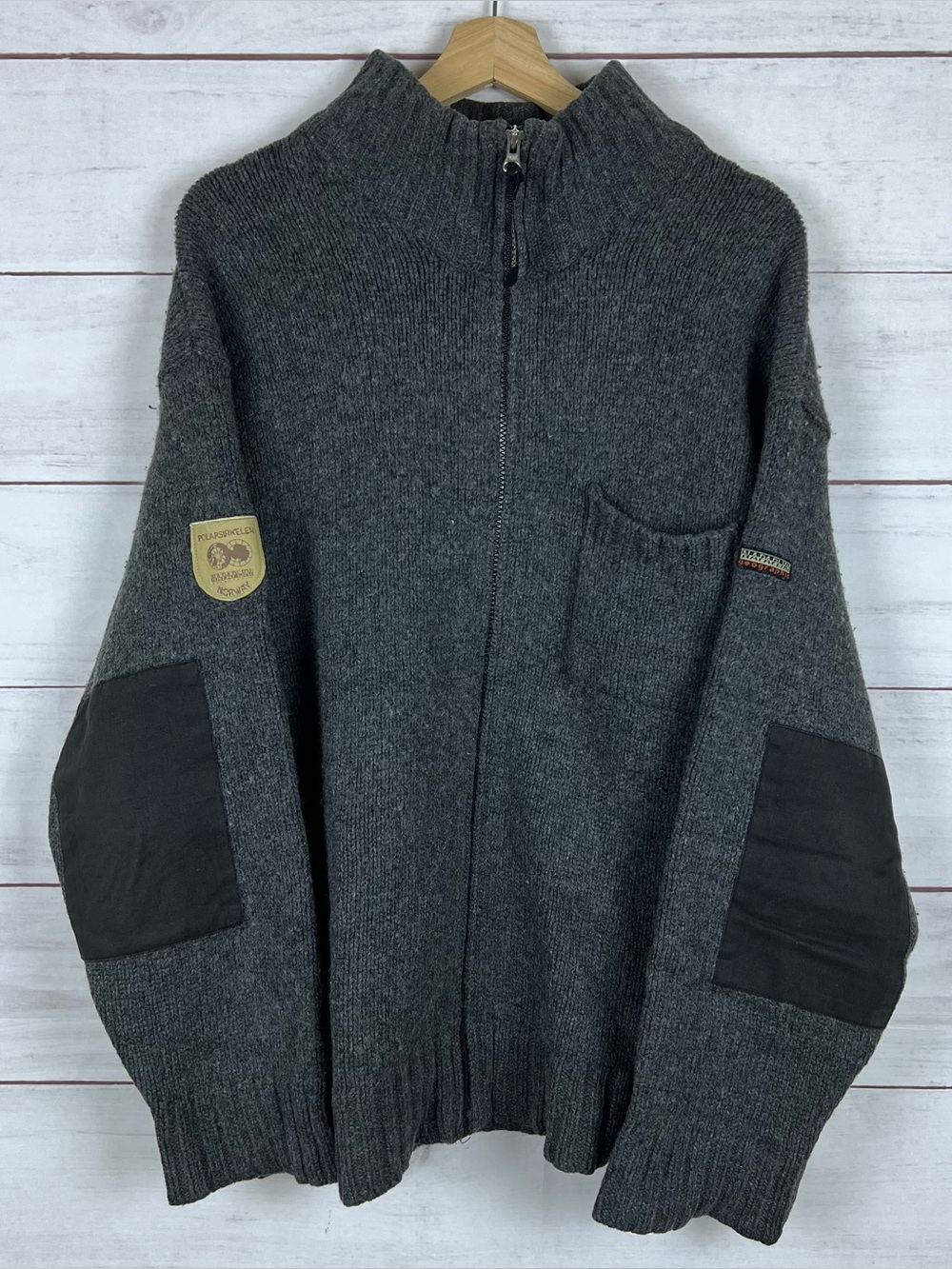 VTG Napapijri Geographic Polar Research Wool Full Zip Sweater XL Elbow Patches